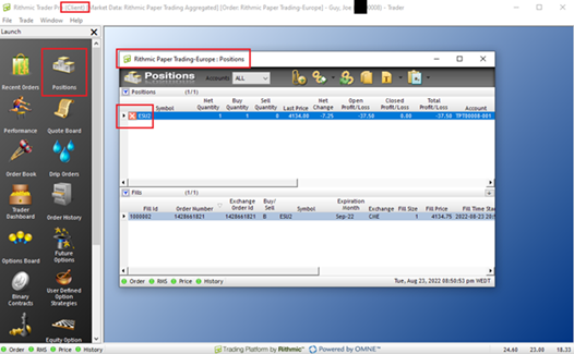 R | Trader Pro Positions tab showing open positions and close button