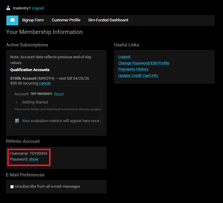 Tradentry Member Area showing Rithmic credentials