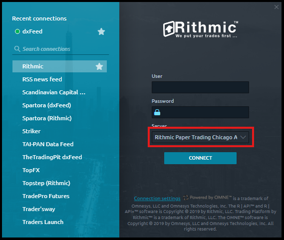 Rithmic connection window in Quantower