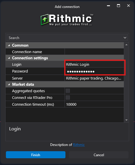 Insert Rithmic credentials in ATAS