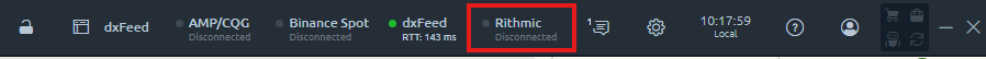 Quantower connection toolbar showing Rithmic option