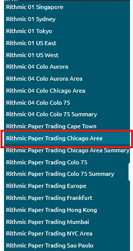 Quantower server dropdown — select Rithmic Paper Trading Chicago Area