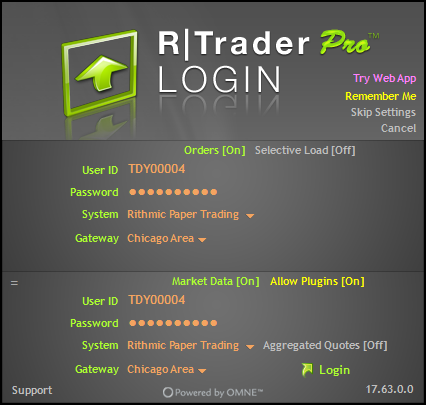 Rithmic login window