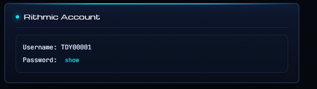 Tradentry Member Area showing Rithmic credentials